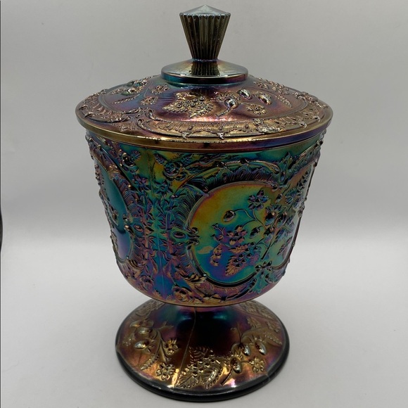 Vintage Fenton Carnival Glass Wild Strawberry Candy Compote With Lid - Picture 4 of 11